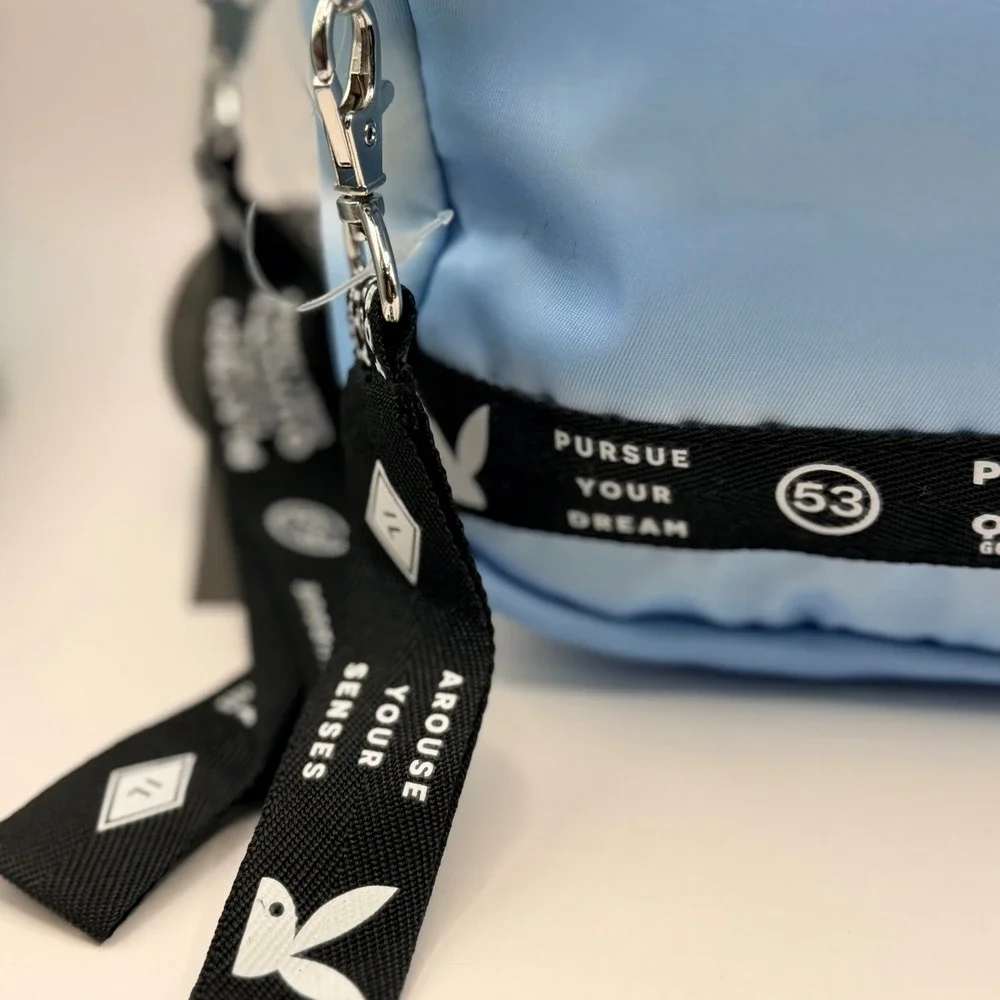 Playboy Supply Co Spencers Exclusive Mini Backpack Light Blue Satin Nylon Bag